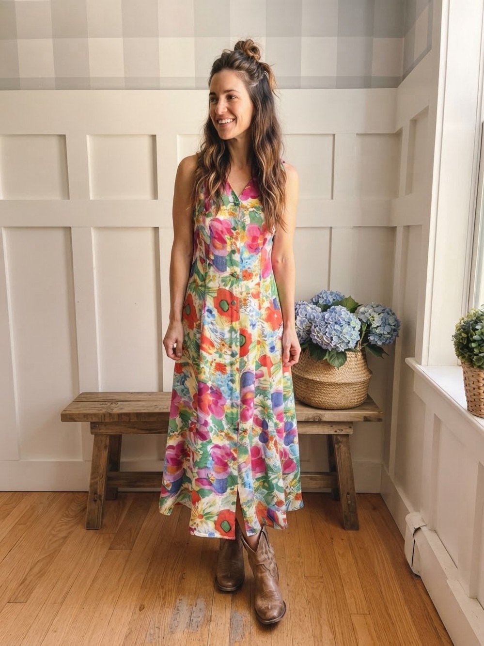 Vintage Button Floral V-Neck Maxi Dress Large